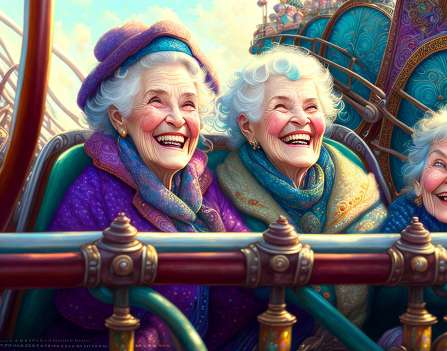 Elderly ladies in blue and purple hats having fun on amusement park ride