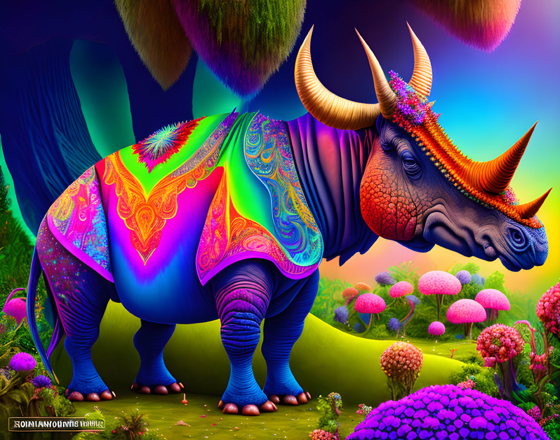 Colorful Rhinoceros Illustration in Psychedelic Landscape