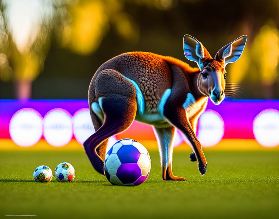 Kangaroo playing soccer on grass field with colorful lights