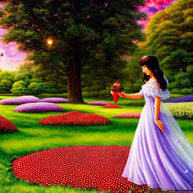 Woman in Purple Dress Holding Bouquet in Colorful Garden