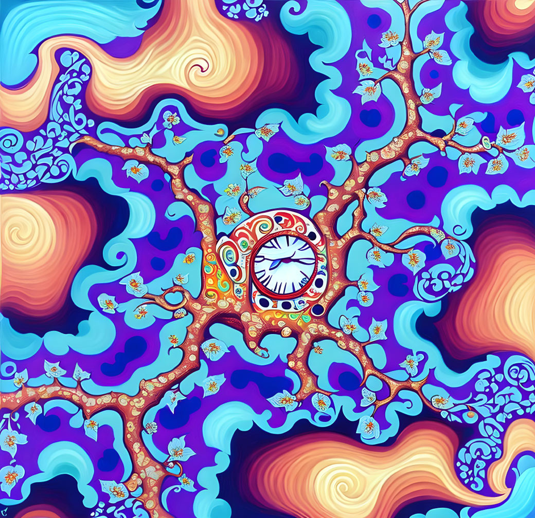 Colorful Psychedelic Artwork with Clock and Floral Motifs