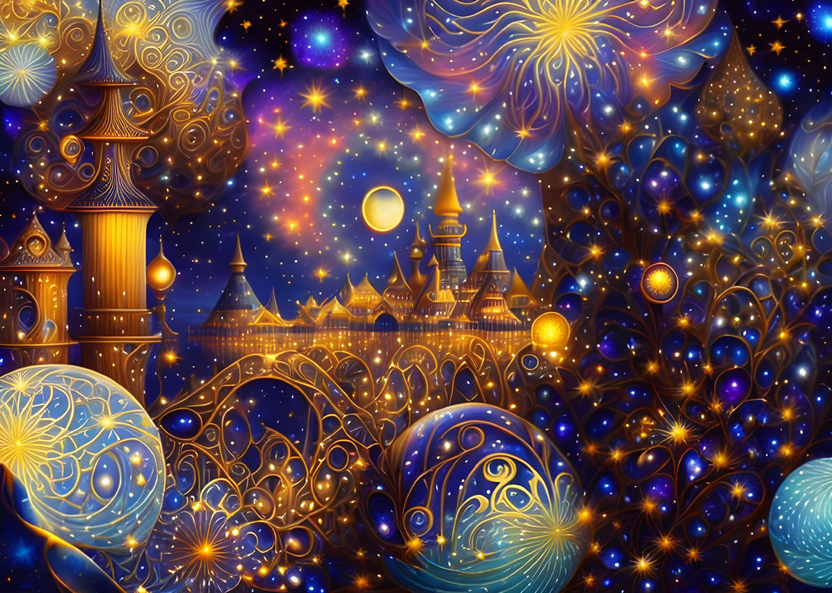 Fantasy illustration of ornate castle surrounded by celestial bodies