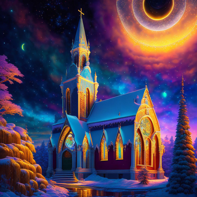 Vibrant gothic church illustration in winter night landscape