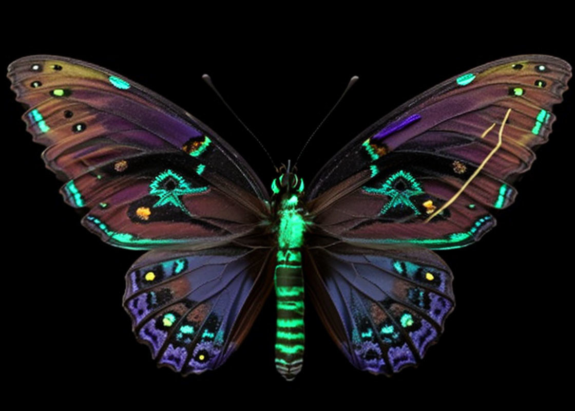 Colorful Butterfly with Purple, Brown, and Blue Wings on Black Background