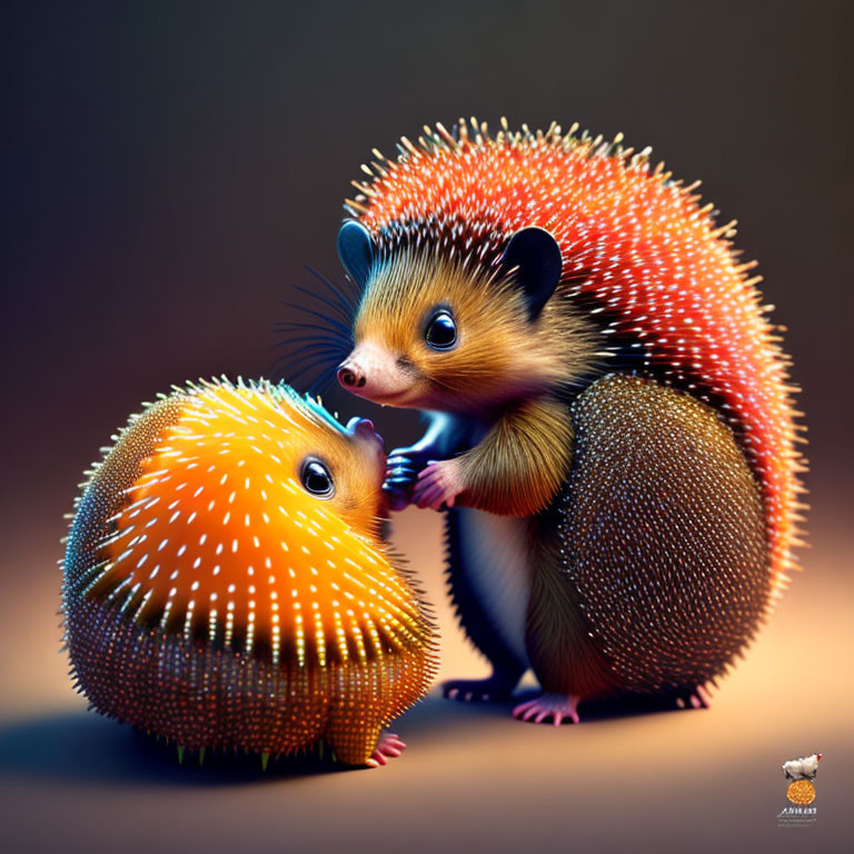 Vibrant animated hedgehogs interact gently in stylized image