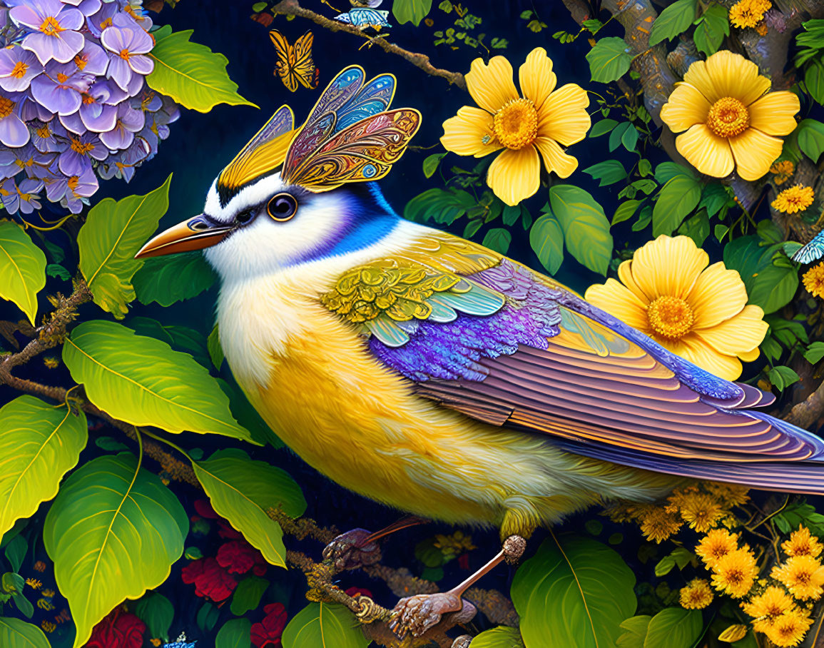 Colorful Fantastical Bird Illustration Among Flowers and Foliage