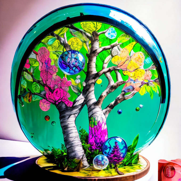 Colorful Tree Glass Painting on Wooden Stand Against Teal Background