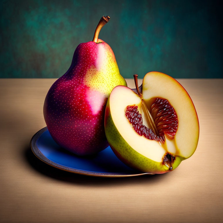 Fresh pear and sliced apple on vibrant plate with textured backdrop