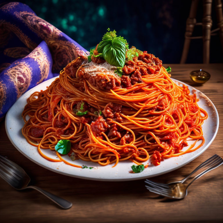 Plate of Spaghetti with Meat Sauce and Cheese on Wooden Table