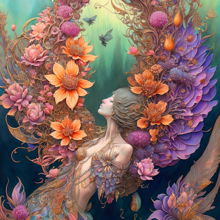 Woman surrounded by vibrant flowers, feathers, and butterflies in serene artwork