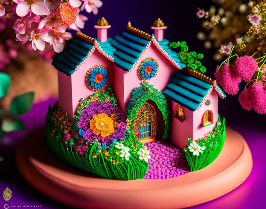 Miniature Pink Fairy Tale House with Floral Designs and Purple Background