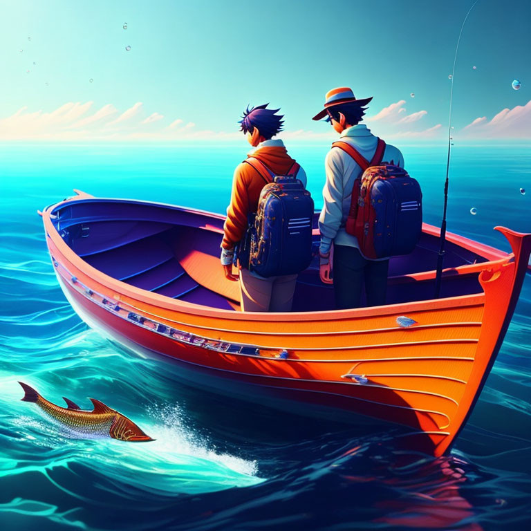 Two individuals fishing on a vibrant orange boat in a clear blue ocean