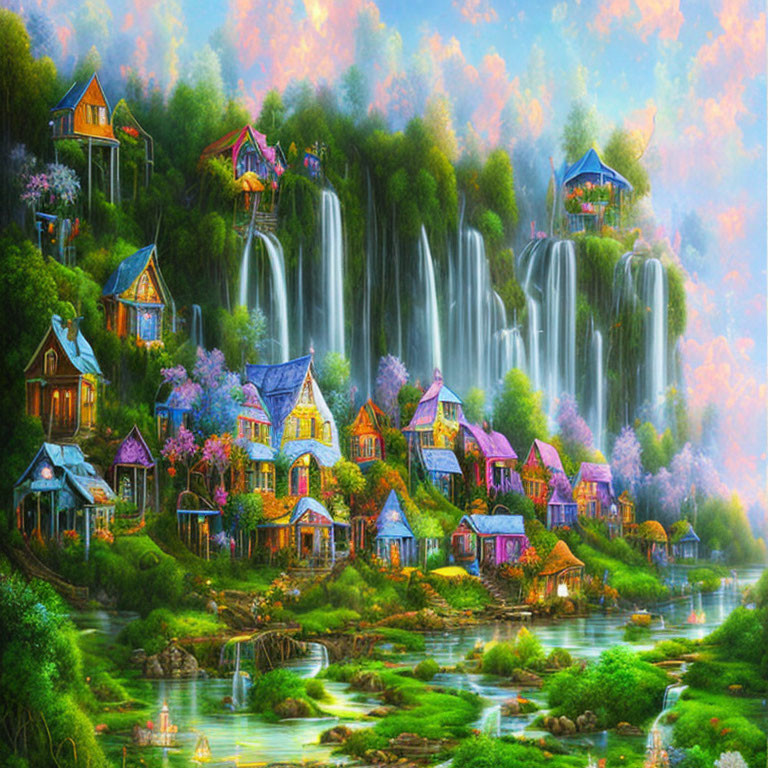 Colorful Cliffside Village with Waterfalls and River in Fantasy Landscape