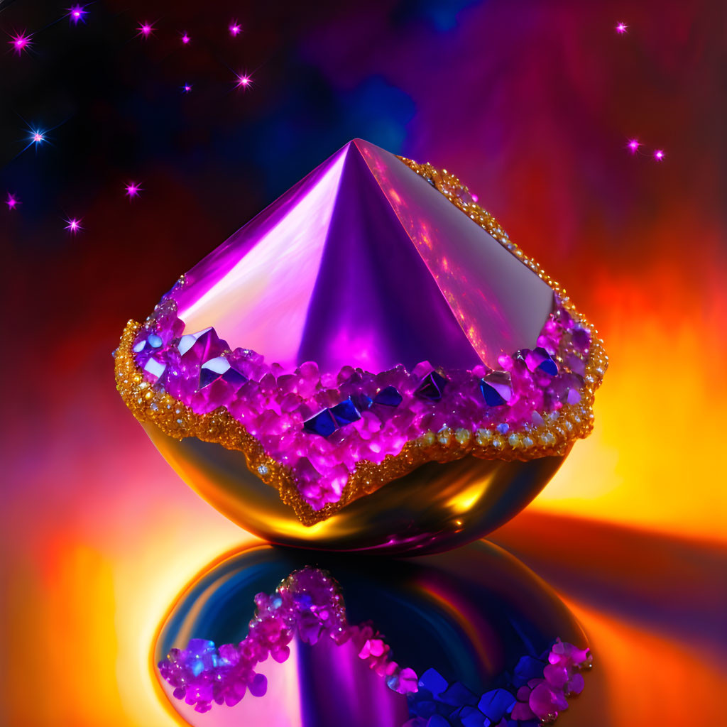 Colorful digital art: Prism gem on golden base with crystals, fiery starry backdrop