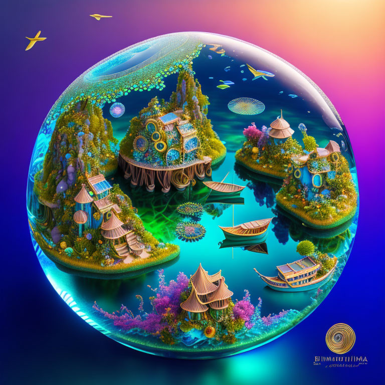 Colorful digital artwork: spherical ecosystem with whimsical architecture, greenery, boats, and water features