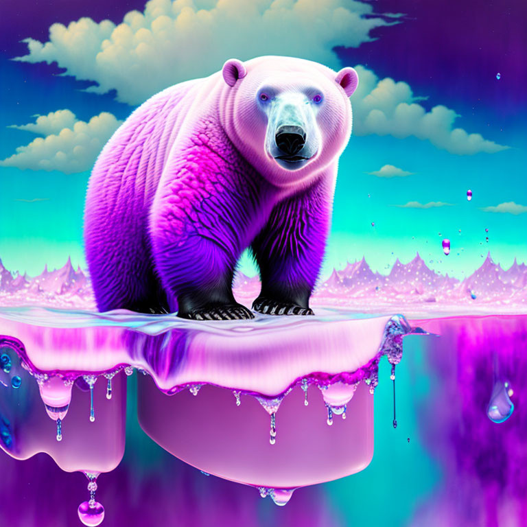 Colorful purple bear on melting glacier under dreamlike sky