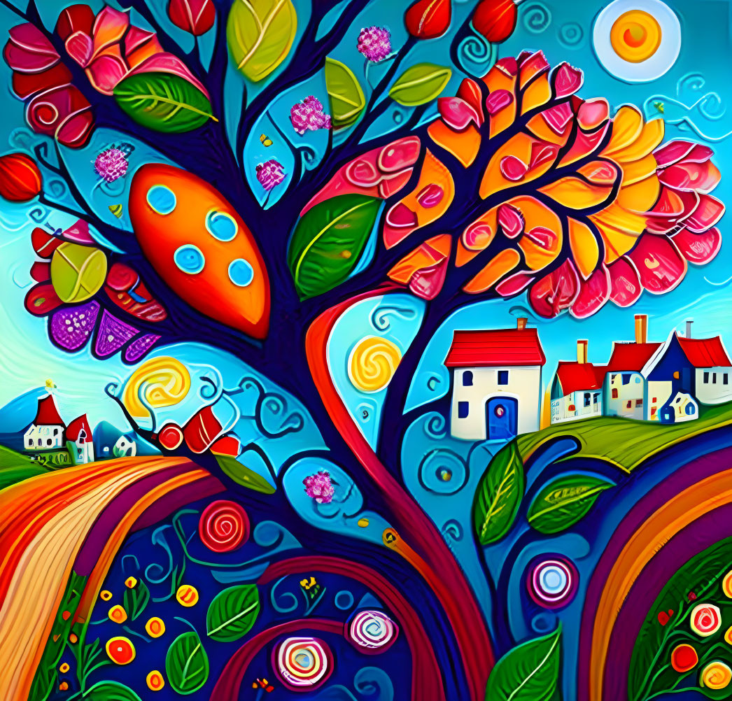 Colorful Tree Painting with Houses and Fantasy Landscape