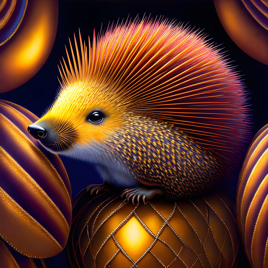 Vibrant orange hedgehog on golden sphere with glowing orbs