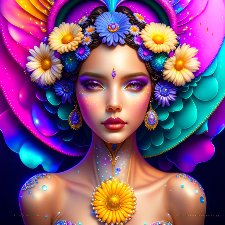 Colorful illustration: woman with floral headdress, blue hair, sparkling skin, and intricate jewelry.