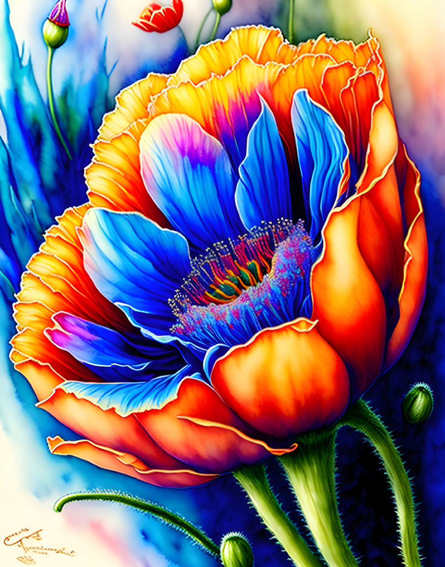 Colorful digital painting of orange poppy with blue petals and green stems