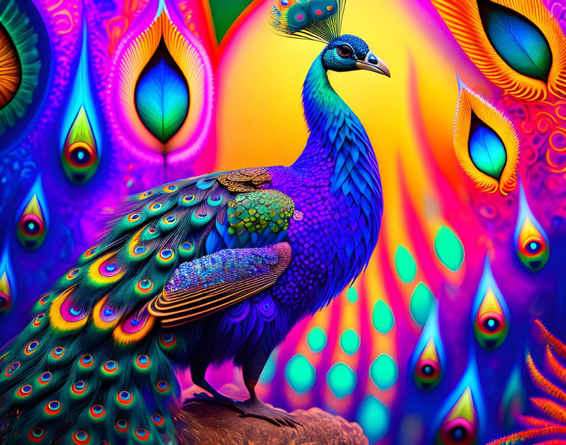 Colorful Peacock Illustration with Eye Patterns on Psychedelic Background