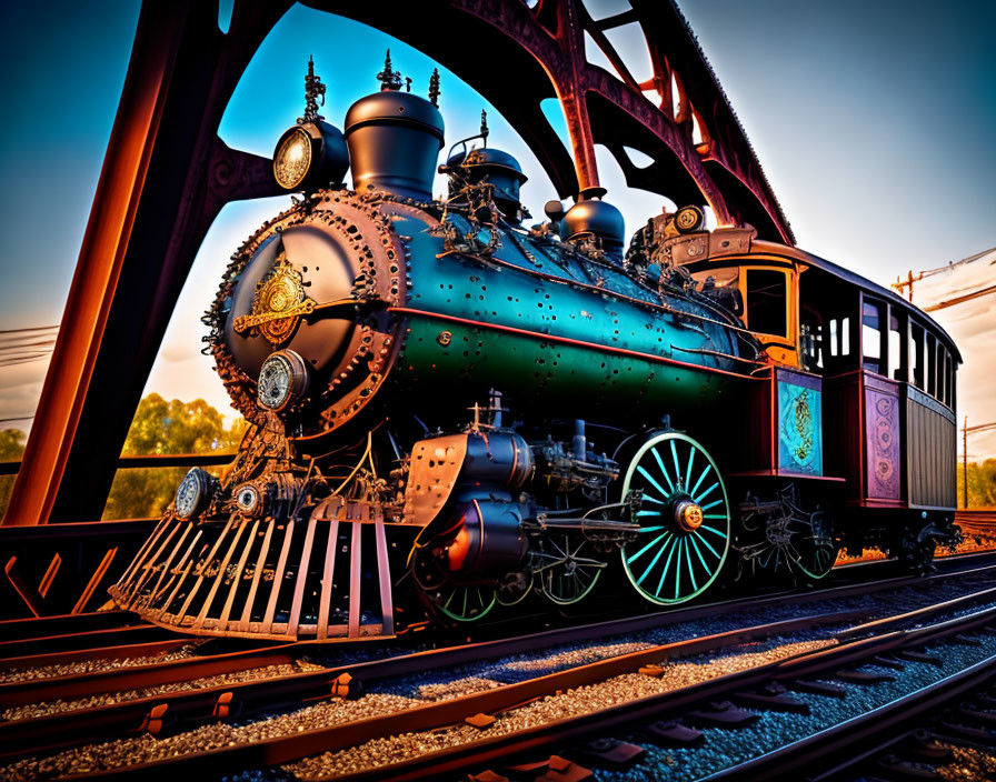 Colorful Steampunk-Style Train on Tracks at Sunset