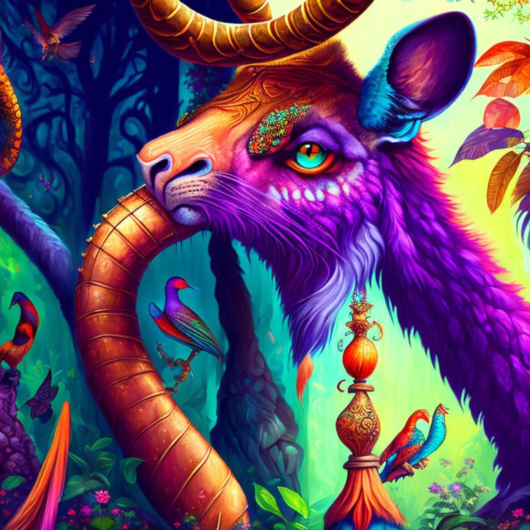 Colorful mythical creature with long horn in lush forest setting