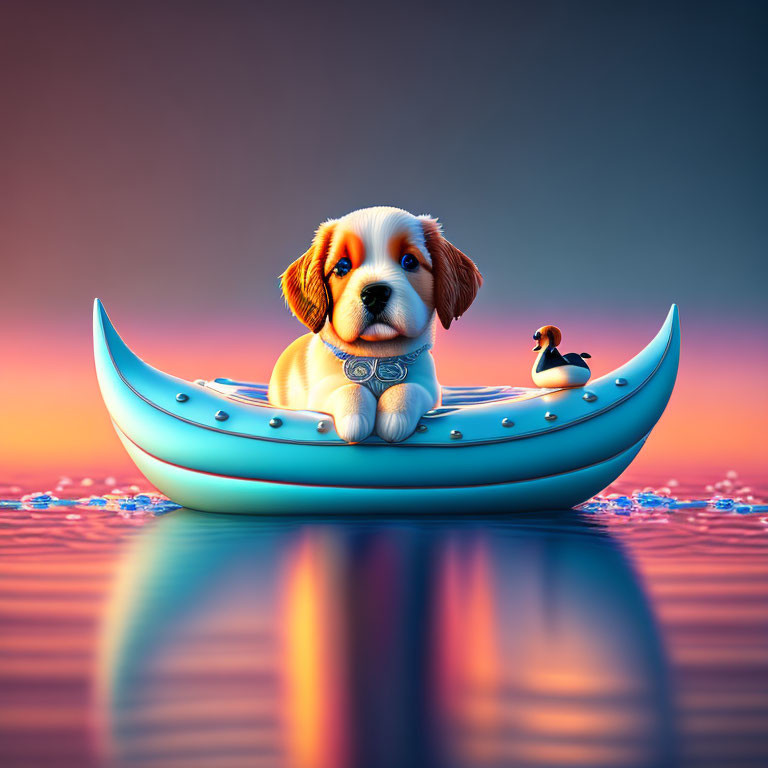 Cartoon puppy in boat with duck on calm water at sunset