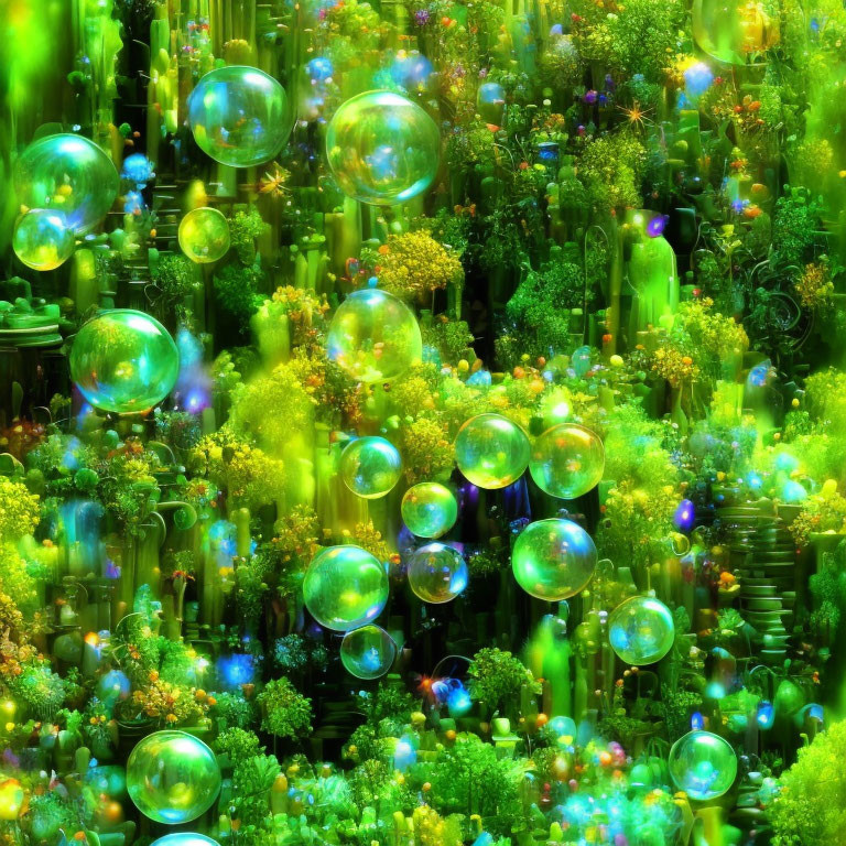 Colorful digital artwork: Translucent bubbles in neon-lit forest