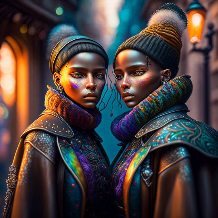 Stylized digital portraits of women with vibrant makeup and winter attire against urban night backdrop