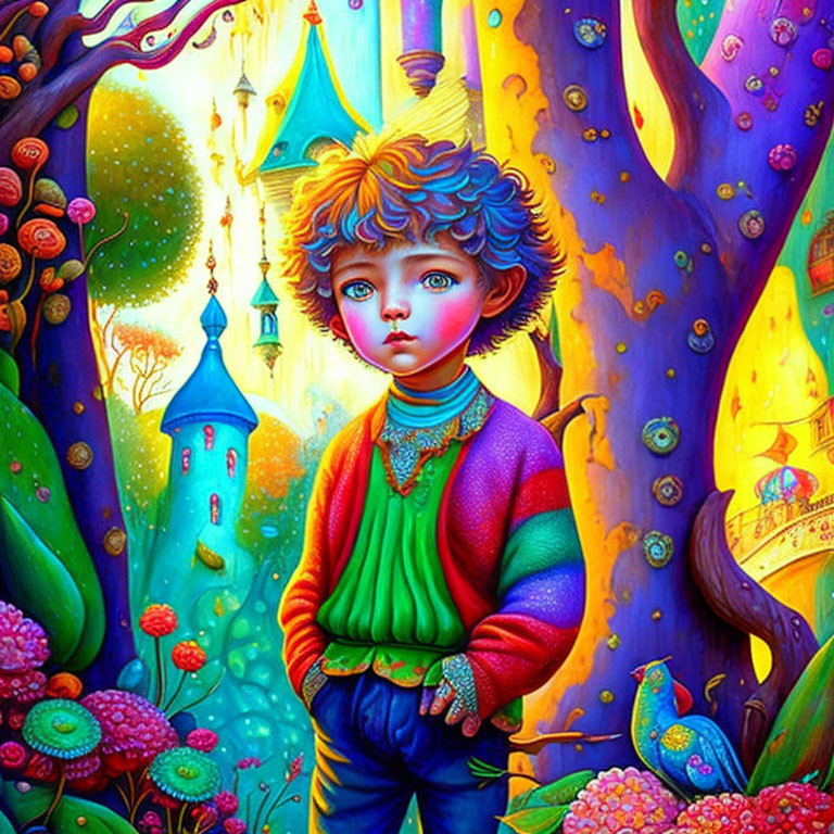 Vibrant painting of child in whimsical fantasy landscape