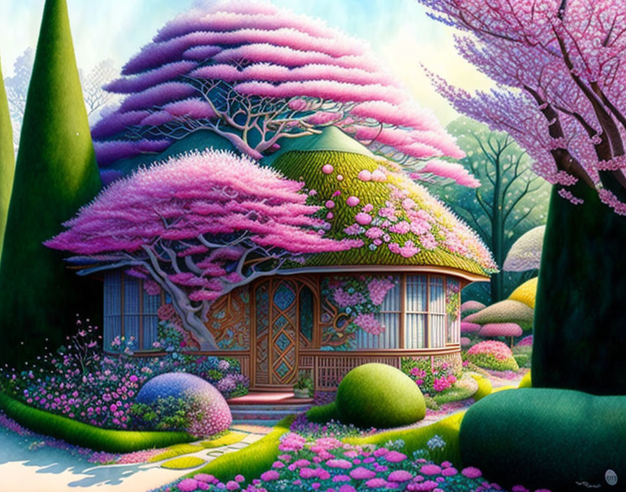 Ornate wooden cottage amidst vibrant pink blossoms