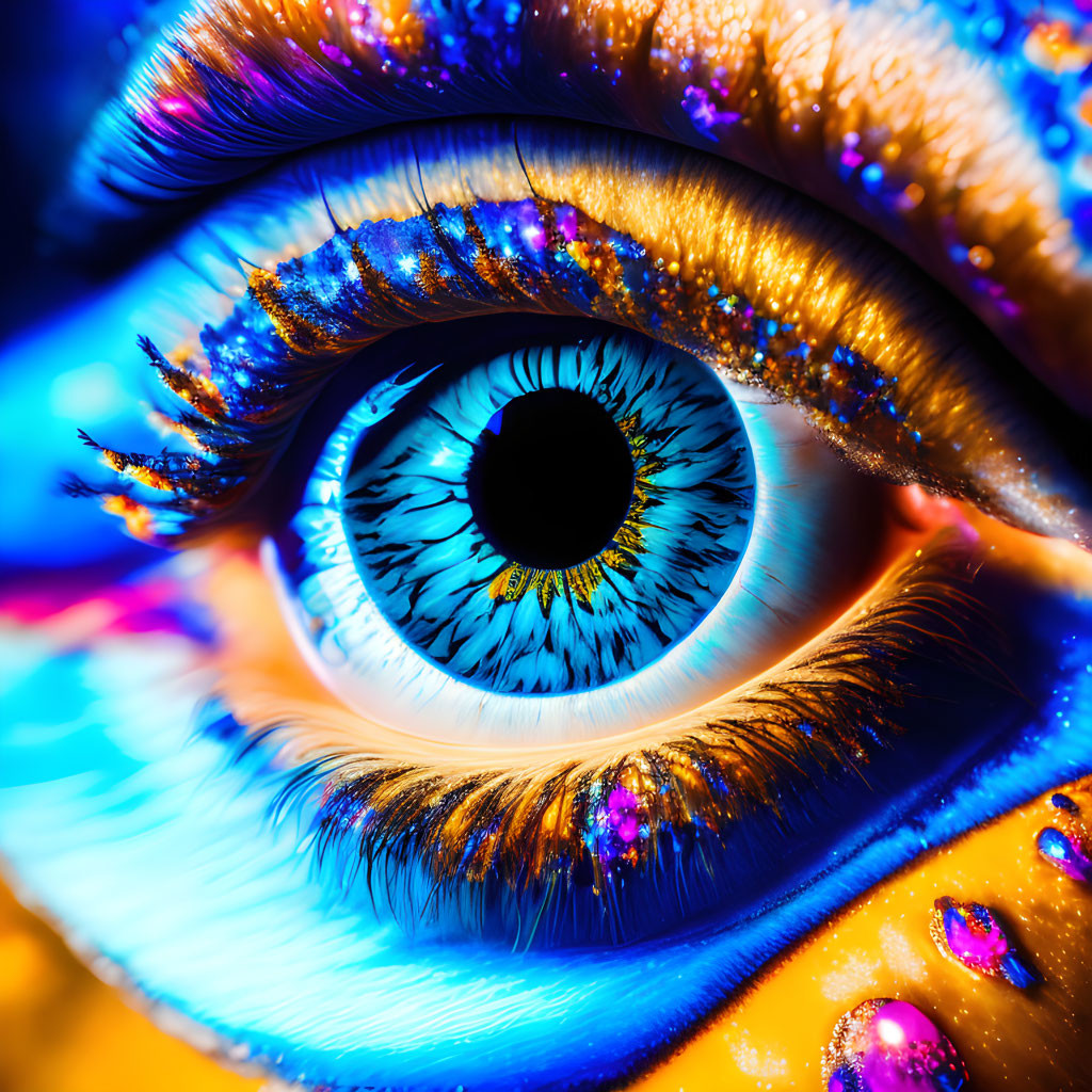 Close-up of Vibrant Eye with Blue Irises and Multicolored Makeup