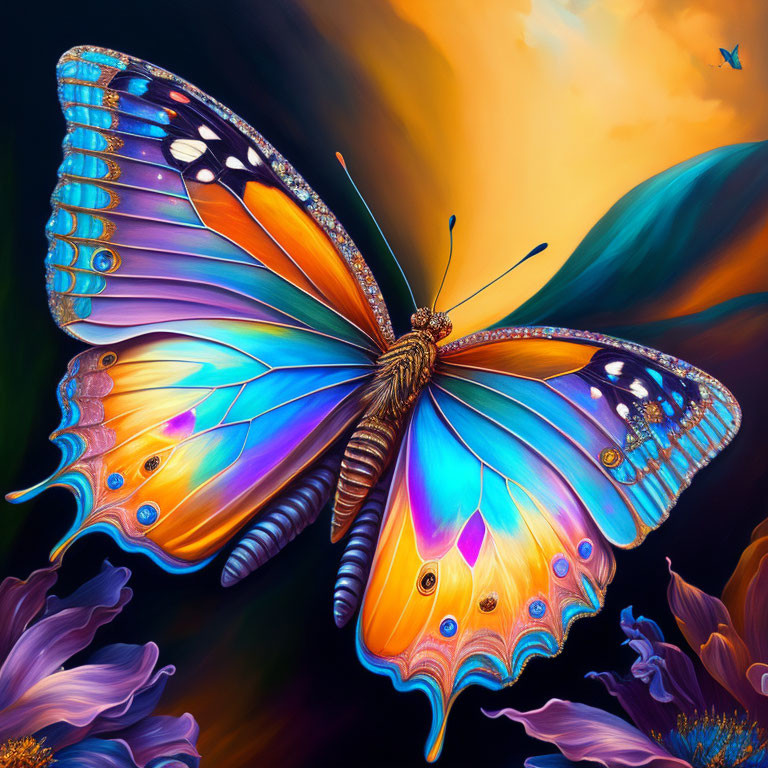 Colorful Butterfly Artwork with Iridescent Wings and Floral Background