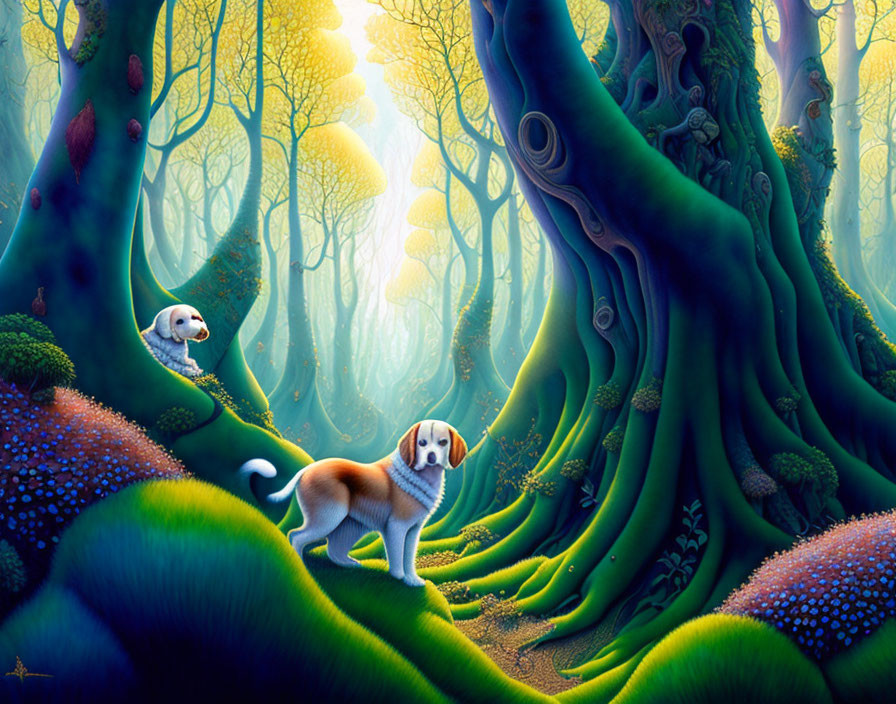 Two puppies in a magical, colorful forest with whimsical trees and glowing foliage