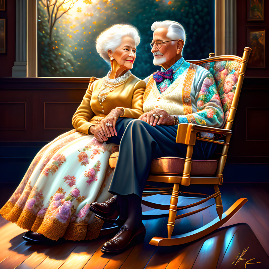 Elderly couple in floral dress and vest share quiet moment in rocking chair