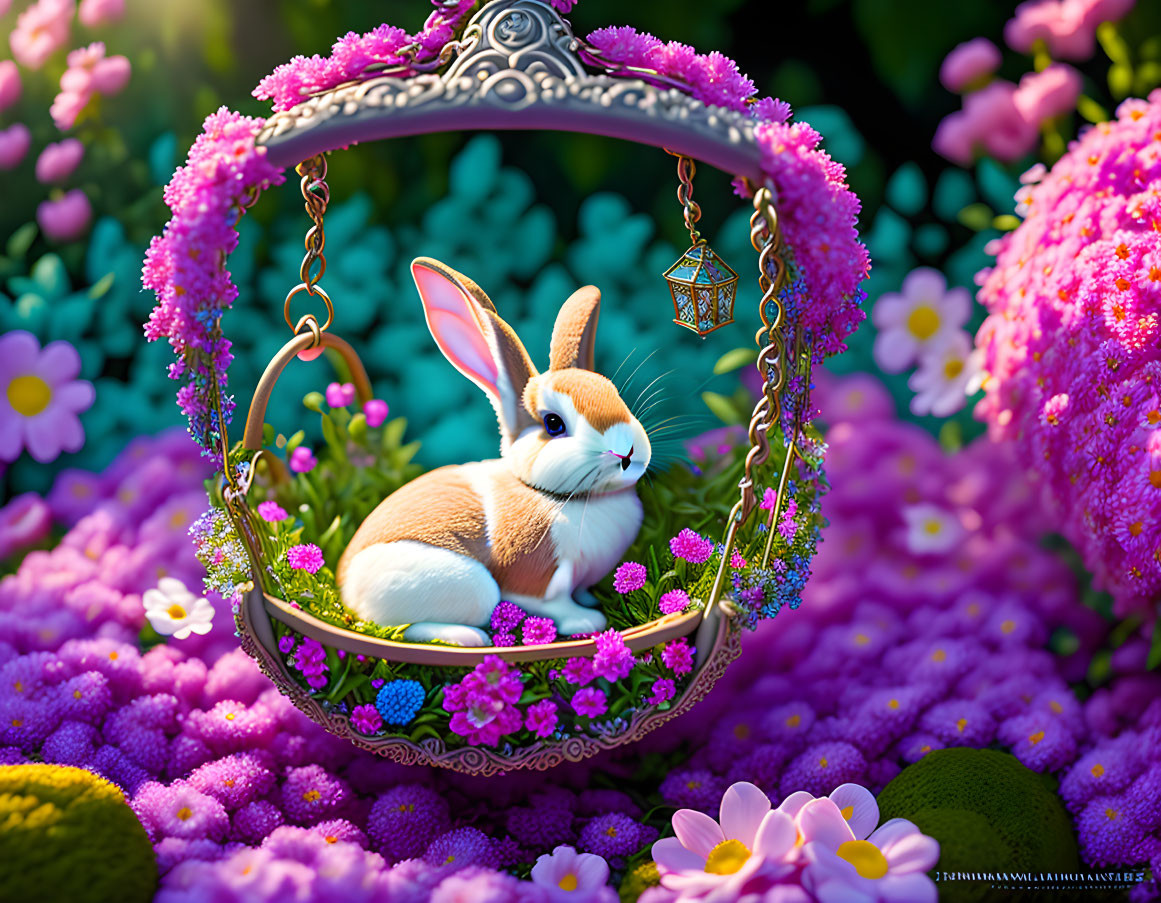 White and brown fur rabbit on floral swing in colorful flower setting