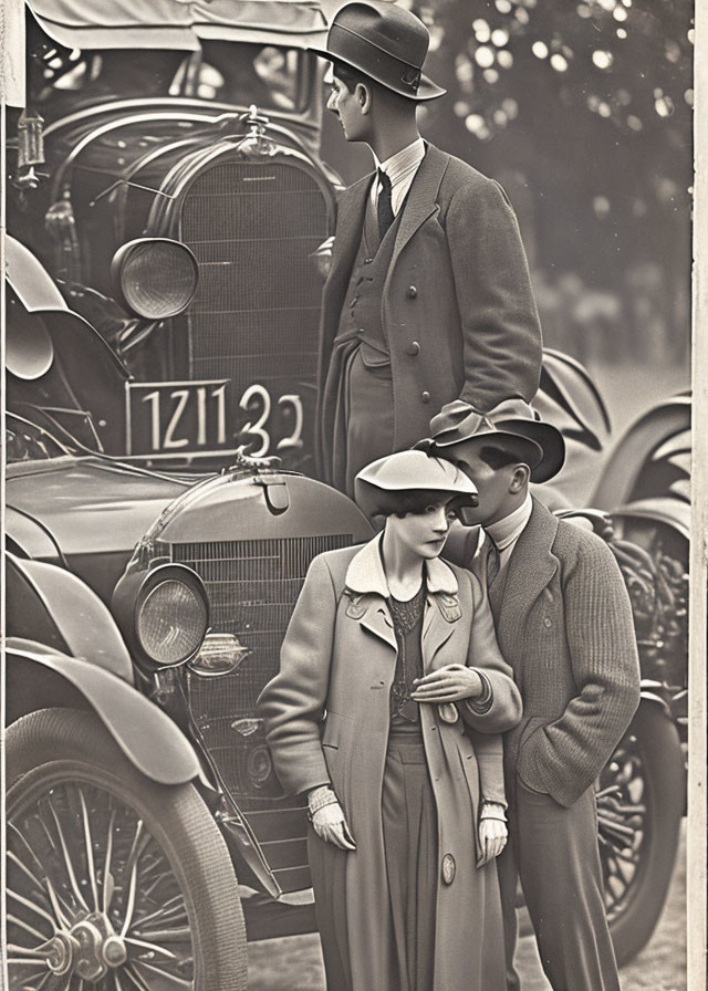 Elegantly dressed couple from early 20th century by classic car