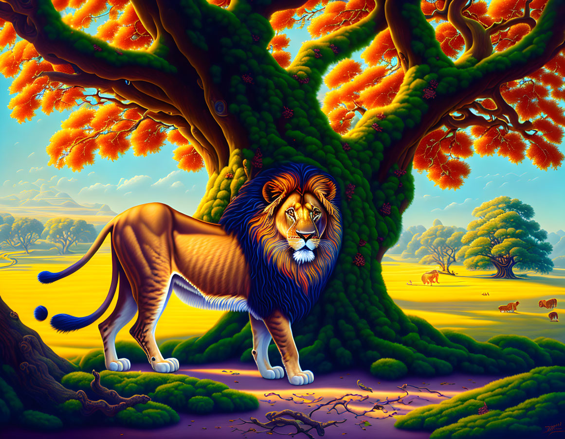 Colorful illustration of majestic lion under fiery tree in vibrant landscape