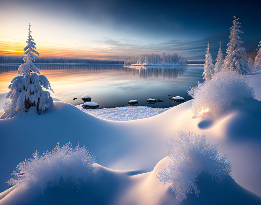 Tranquil Winter Landscape with Snow-Covered Trees and Lake