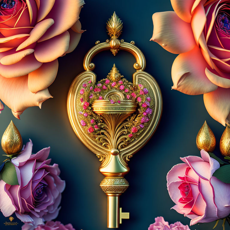 Golden key with roses on blue background and floral patterns