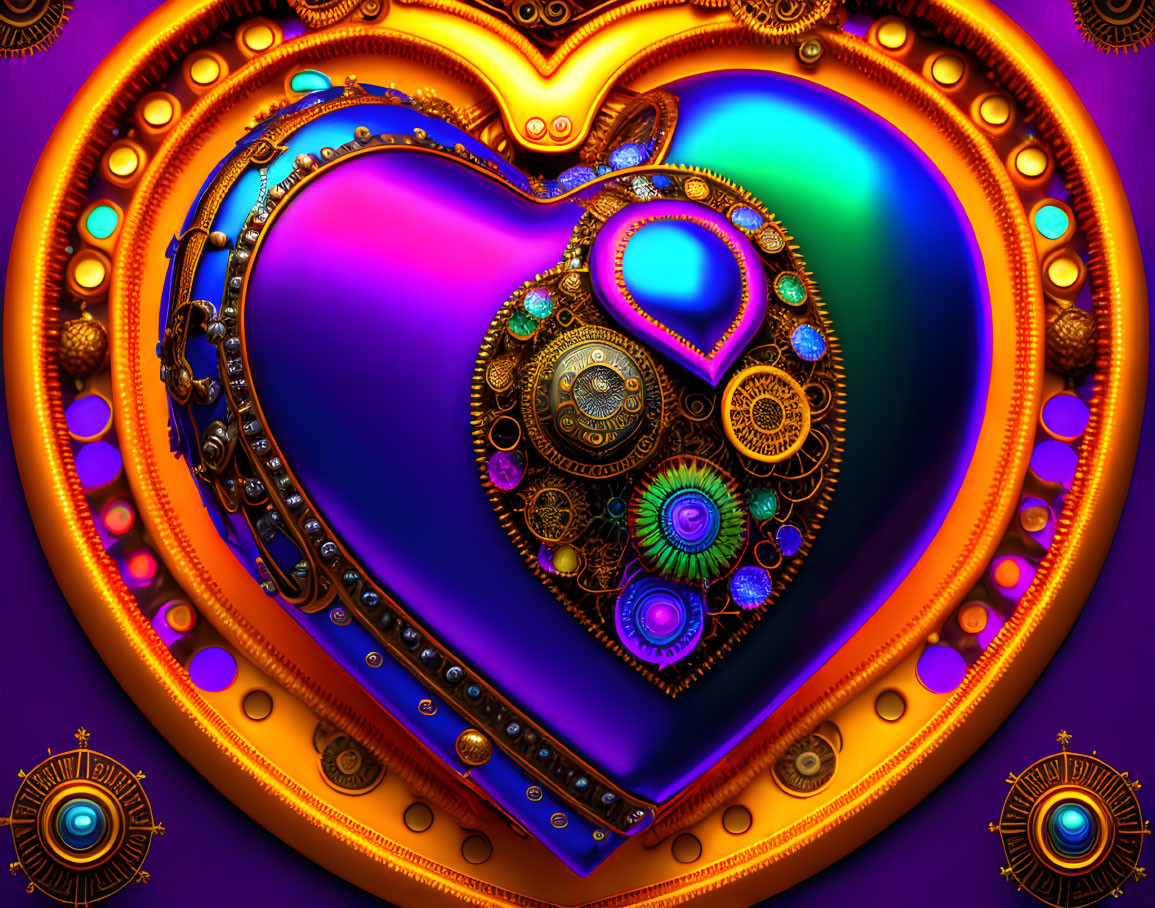 Detailed 3D mechanical heart illustration on purple background