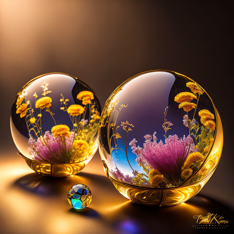 Ornate crystal balls with wildflowers in twilight setting