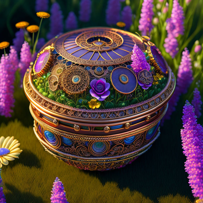 Ornate Circular Box with Colorful Flowers and Jewel-like Decorations