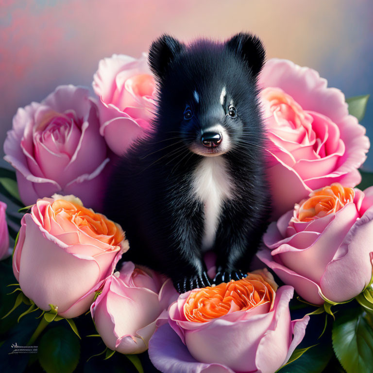 Adorable Black and White Bear Cub Surrounded by Pink Roses