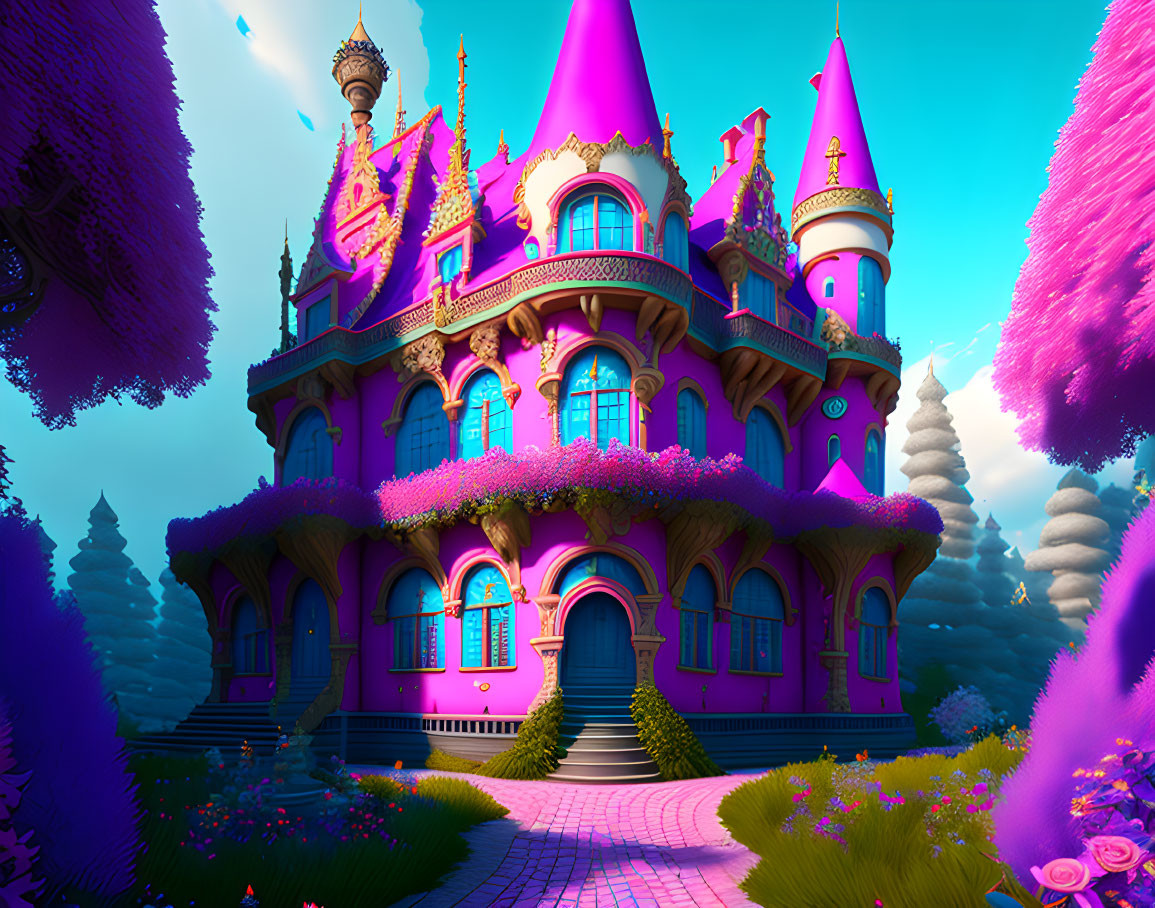 Fantasy castle with pink turrets in magical landscape