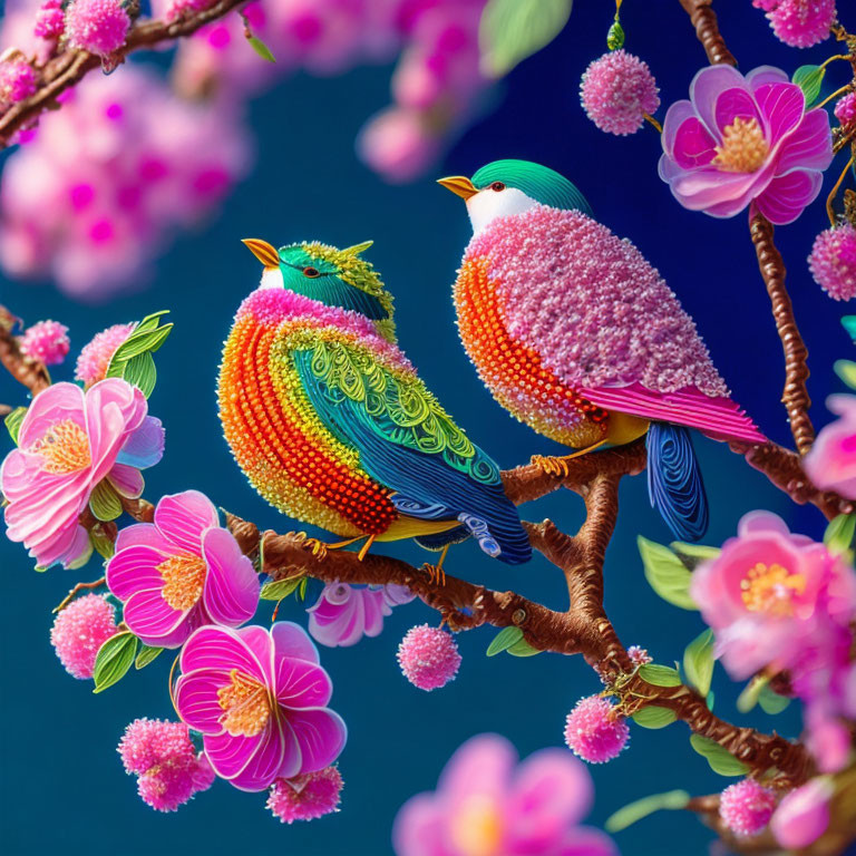 Colorful Birds Perched on Branch with Pink Blossoms on Blue Background