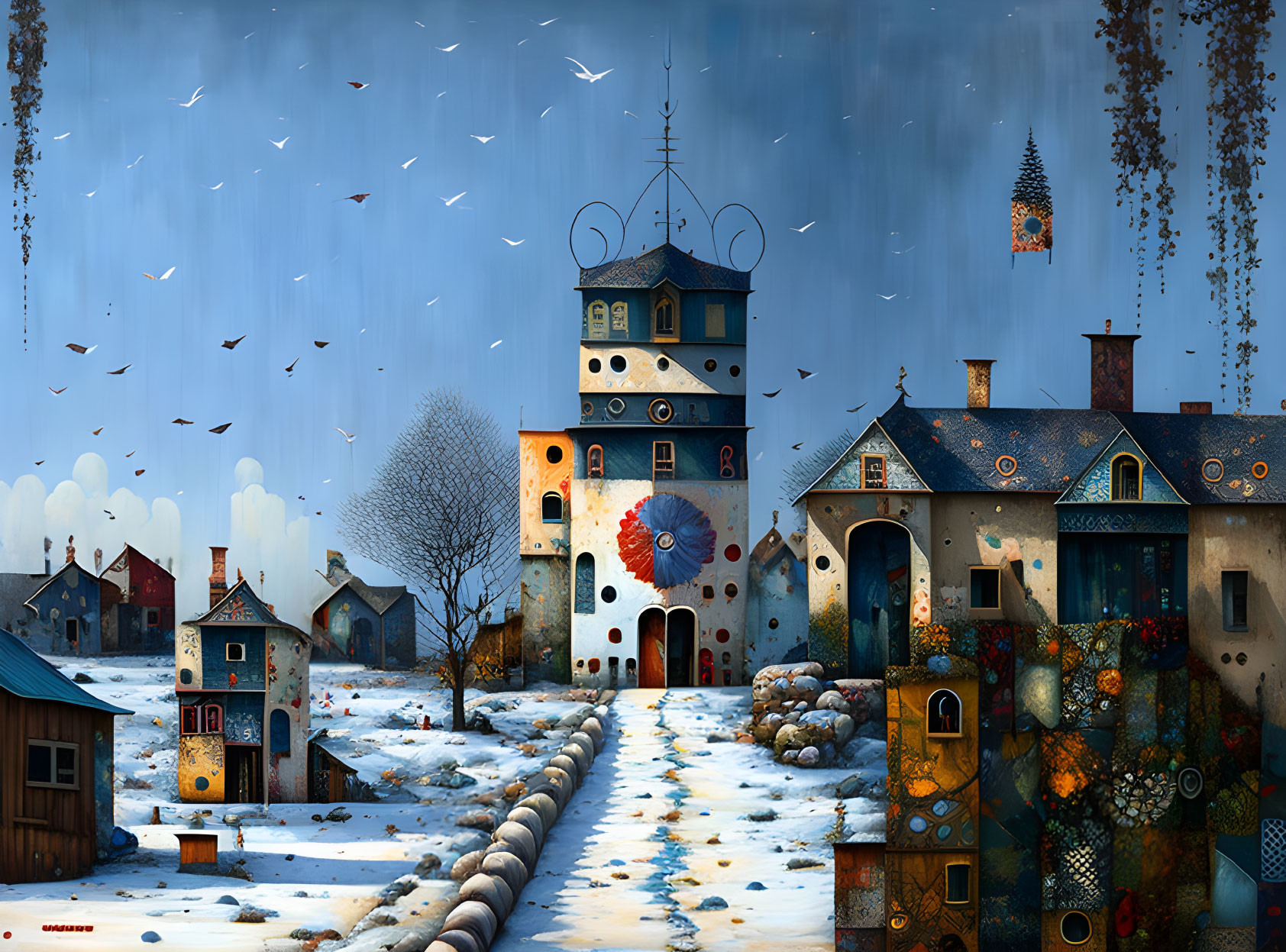 Whimsical birdhouse-inspired town in snowy landscape with flying birds