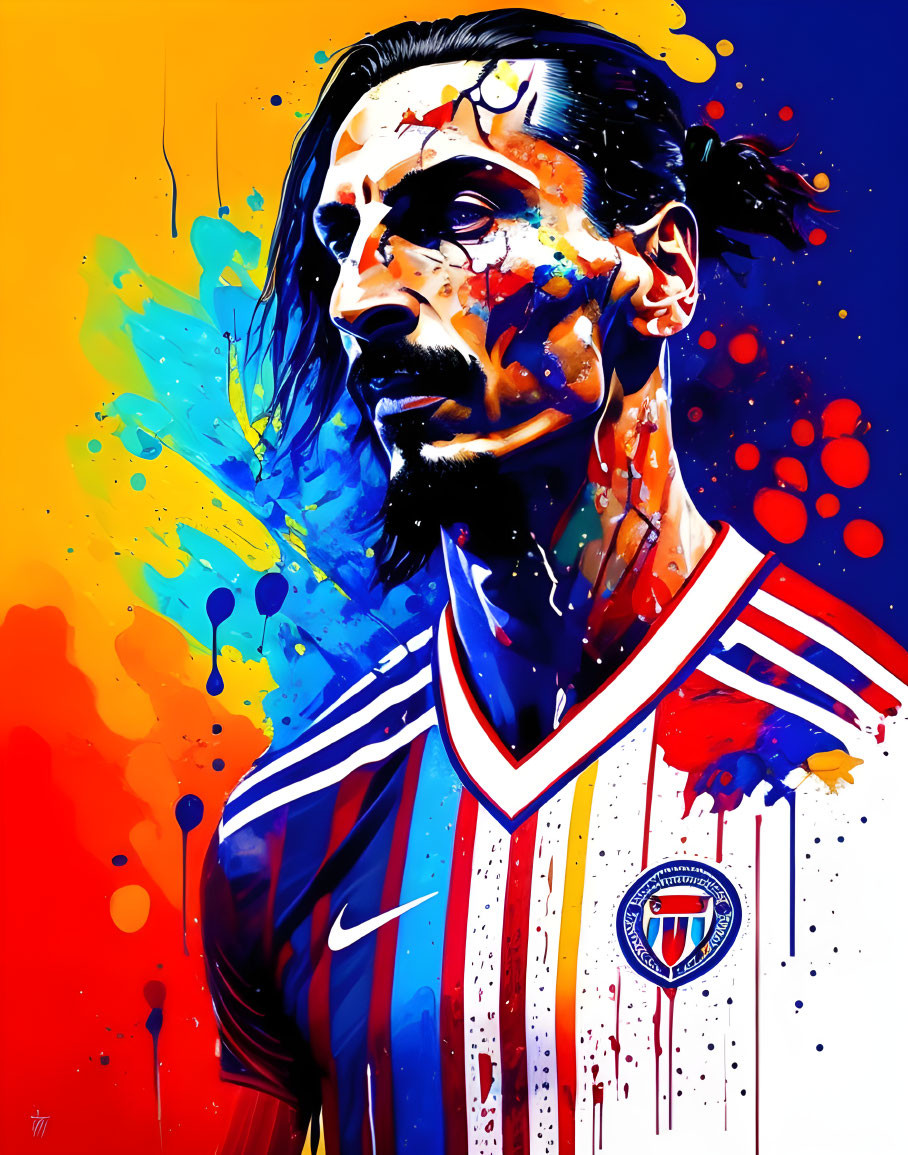 Colorful Abstract Soccer Player Portrait with Blue, Red, Yellow, and White Paint Splashes