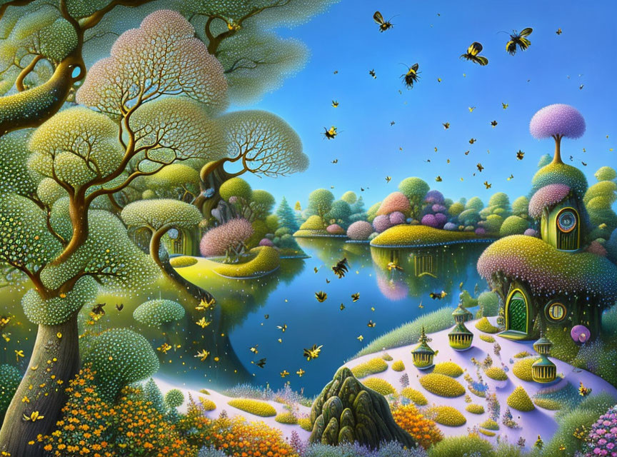 Whimsical landscape with colorful trees, flowers, lake, houses, and bees